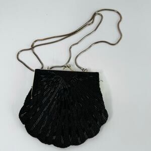 Vintage Unbranded Black Beaded Purse Handbag Collectible Silver Strap
